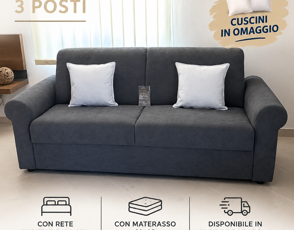 DIVANO LETTO 3 POSTI CON RETE ELETTROSALDATA E MATERASSO H. 18